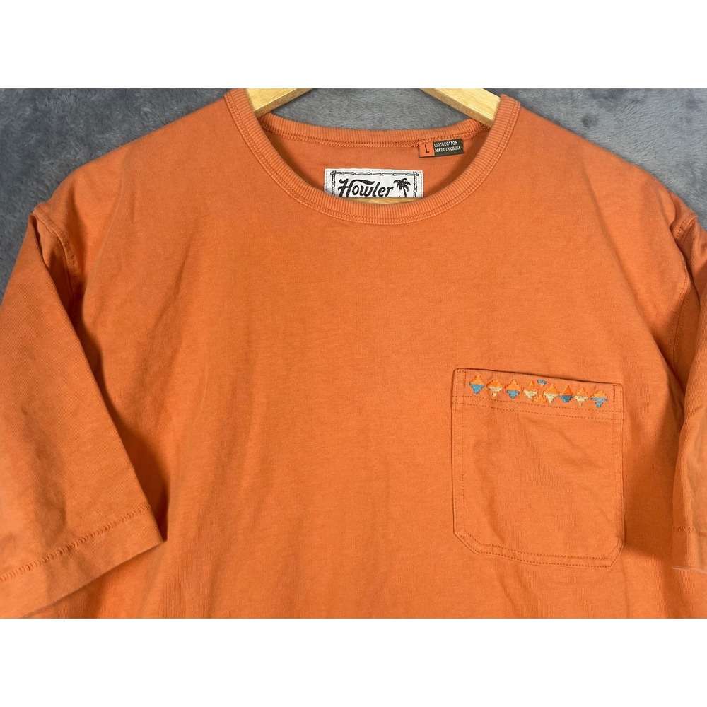 Howler Brothers Mens Large Orange Pocket T-Shirt Embroidered Trim Cotton